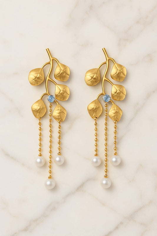 Luxury Gold Leaf Pearl Drop Earrings for Women | Designer Dangler Jewelry