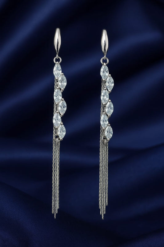Silver Crystal Long Drop Earrings for Women | Premium Statement Danglers | Velvet Petals
