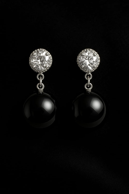 Premium Black Gloss Ball Drop Earrings for Women & Girls | Silver-Tone CZ Halo Stud Partywear Earrings | Elegant Lightweight Statement Jewellery
