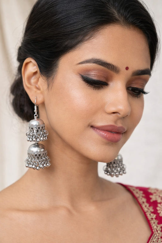 Heavy Oxidised Silver Long Jhumka Earrings for Women – Traditional Bridal Jhumka | Velvet Petals