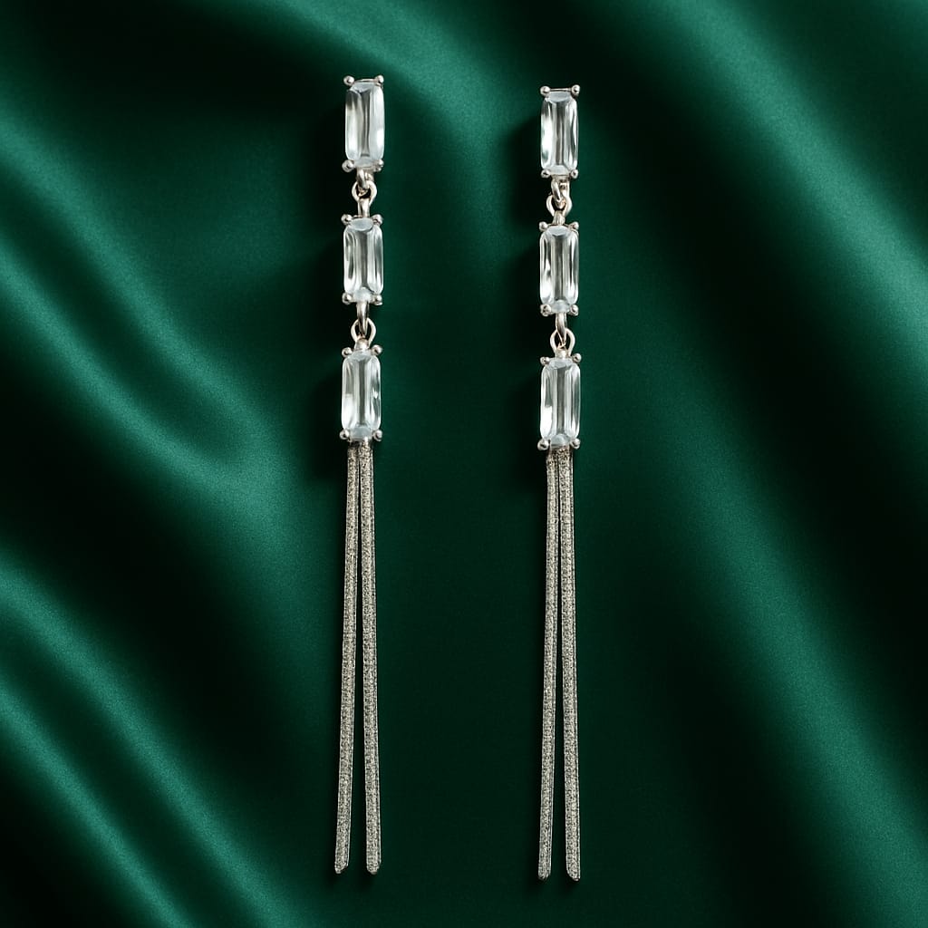 Silver Crystal Bar Long Dangler Earrings for Women | Elegant Party Wear Statement Jewelry | Velvet Petals