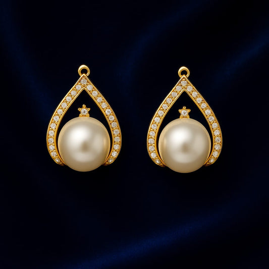 Luxury Gold-Plated Pearl Drop Earrings for Women | Teardrop Diamond CZ Studded Pearl Earrings | Premium Bridal & Party Wear Jewelry