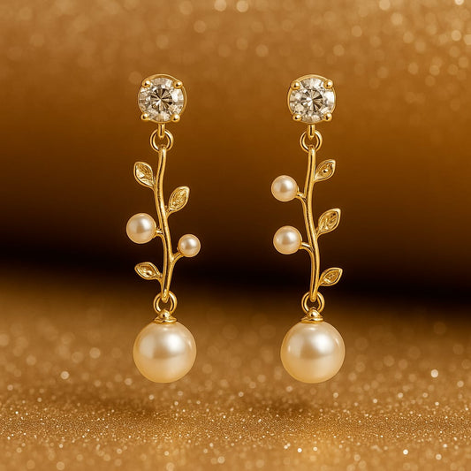 Gold Leaf Pearl Drop Earrings for Women & Girls | Elegant Branch Design Dangler Earrings | Lightweight Partywear Jewellery