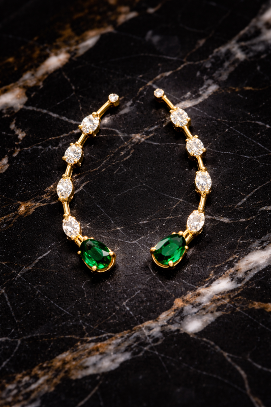 Emerald Drop Ear Cuff Earrings for Women | Gold Crystal Earcuff Jewelry