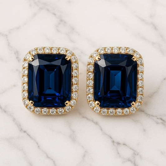 Royal Midnight Sapphire Stud Earrings for Women – Premium Gold-Plated Square Blue Stone Earrings with Diamond Halo | Velvet Petals