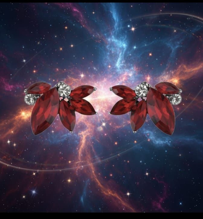 Ruby Red Floral Crystal Stud Earrings for Women & Girls | Elegant Partywear Jewelry