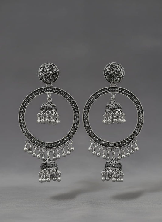 Royal Oxidized Double Jhumka Hoop Earrings – Traditional Ethnic Statement Jewelry for Women