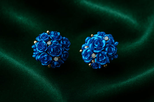 Royal Blue Rose Cluster Stud Earrings for Women | Premium Floral Design with CZ Stones | Velvet Petals