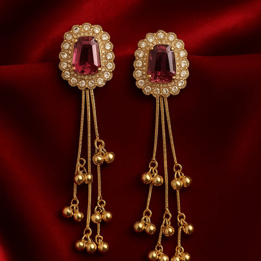Ruby Pink Stone Gold Long Dangler Earrings for Women | Premium Kundan Look Jhumki Style | Velvet Petals
