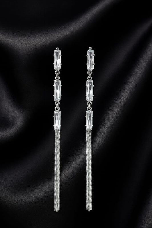 Silver Crystal Bar Long Dangler Earrings for Women | Elegant Party Wear Statement Jewelry | Velvet Petals