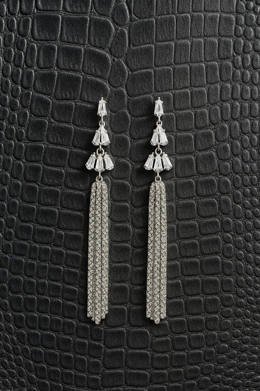 Silver Crystal Waterfall Long Dangler Earrings for Women | Premium Statement Party Wear | Velvet Petals