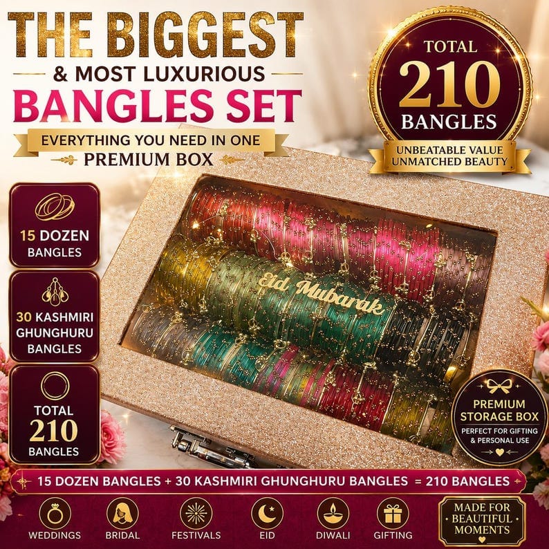 Luxury 210-piece bangle set infographic — 15 dozen glass bangles and 30 Kashmiri ghunghuru bangles