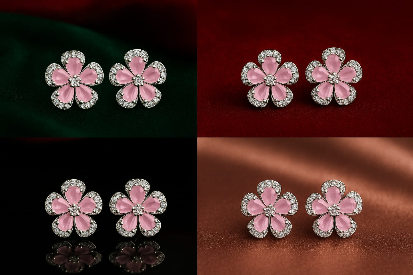 Velvet Petals American Diamond Light Pink Enamel Diamond-Cut Floral Stud Earrings for Women | Premium Silver Bloom Design | Daily & Party Wear Jewelry