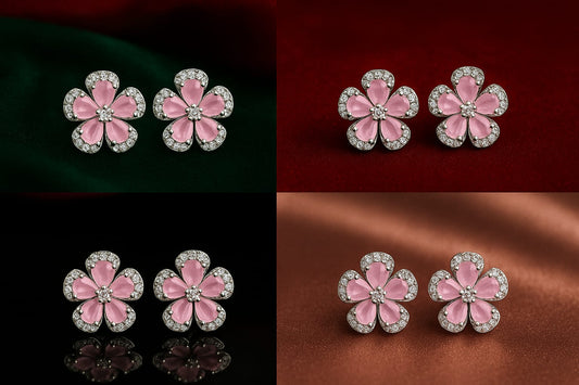 Velvet Petals American Diamond Light Pink Enamel Diamond-Cut Floral Stud Earrings for Women | Premium Silver Bloom Design | Daily & Party Wear Jewelry