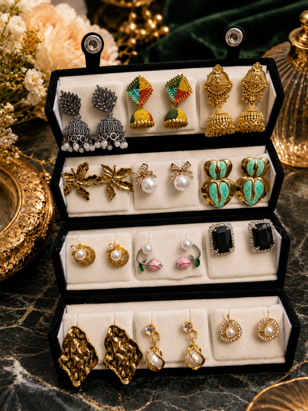 Big earrings set for women premium designer jewellery box floral