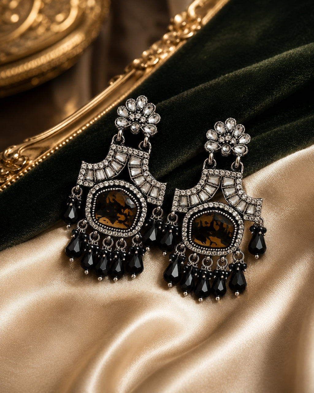 Black antique chandelier earrings on gold velvet - Velvet Petals