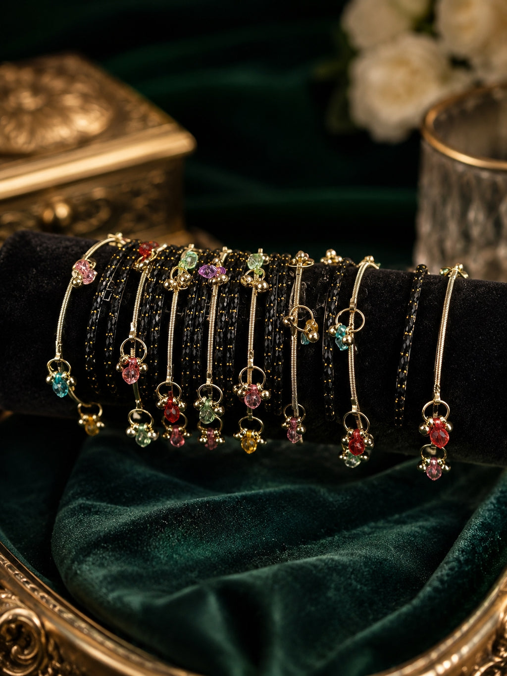 Black ethnic bangles for women on velvet display