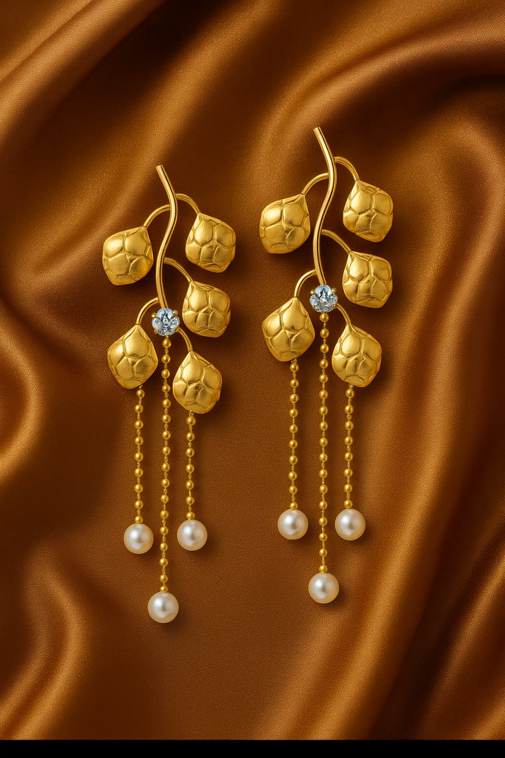 Luxury Gold Leaf Pearl Drop Earrings for Women | Designer Dangler Jewelry