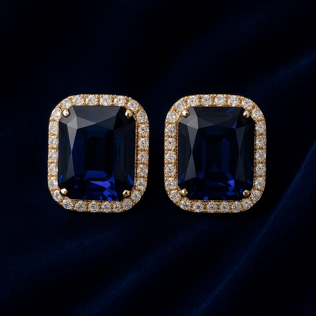Royal Midnight Sapphire Stud Earrings for Women – Premium Gold-Plated Square Blue Stone Earrings with Diamond Halo | Velvet Petals