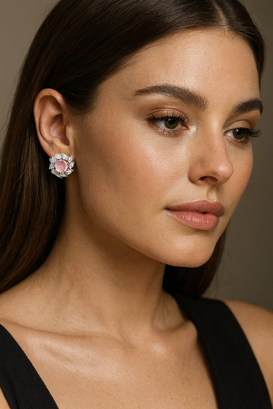 Blush Pink Stone Flower Stud Earrings for Women | Premium CZ Diamond Petal Design | Velvet Petals