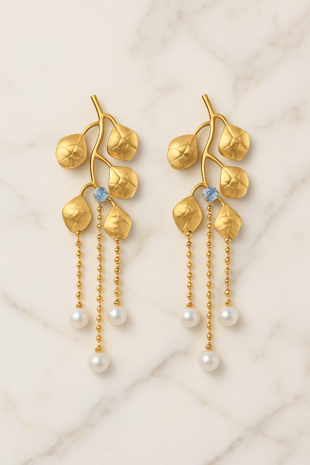 Luxury Gold Leaf Pearl Drop Earrings for Women | Designer Dangler Jewelry