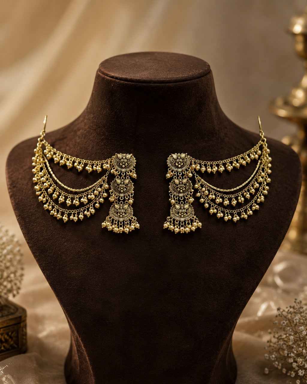 Bridal antique gold jhumka chain earrings on model