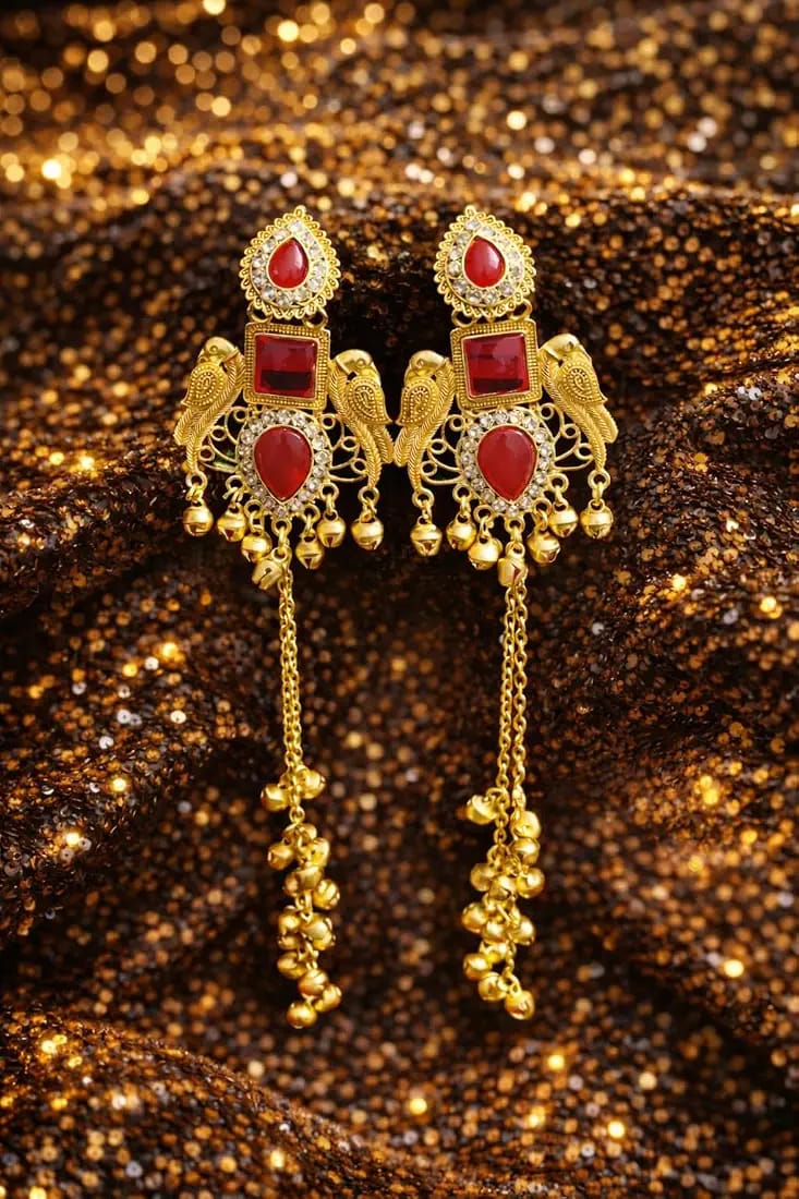 Kashmiri gold jhumka earrings with red stone on gold sequin fabric