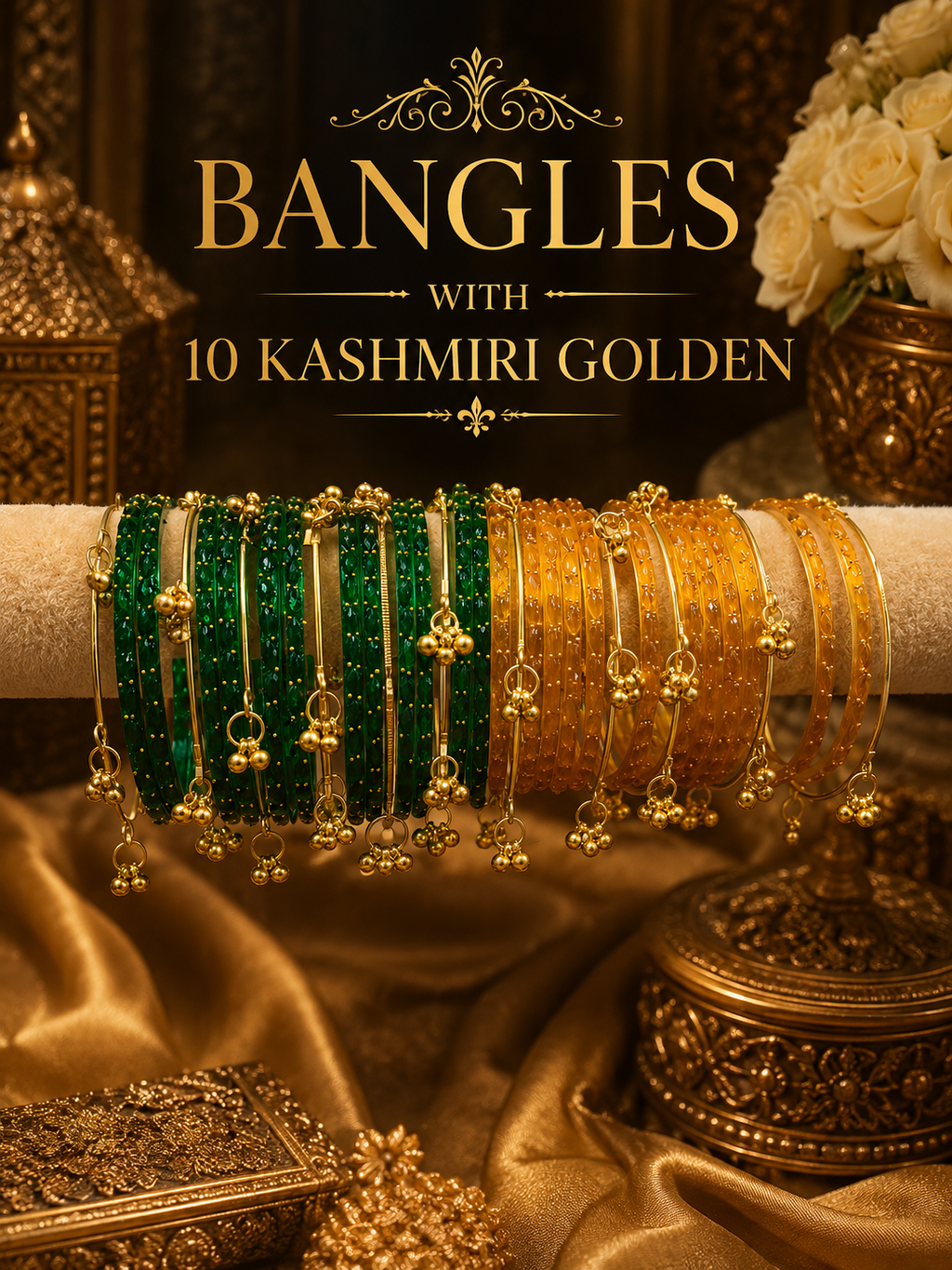Full collection of colourful Kashmiri glass bangles on roller - teal, green, golden, maroon