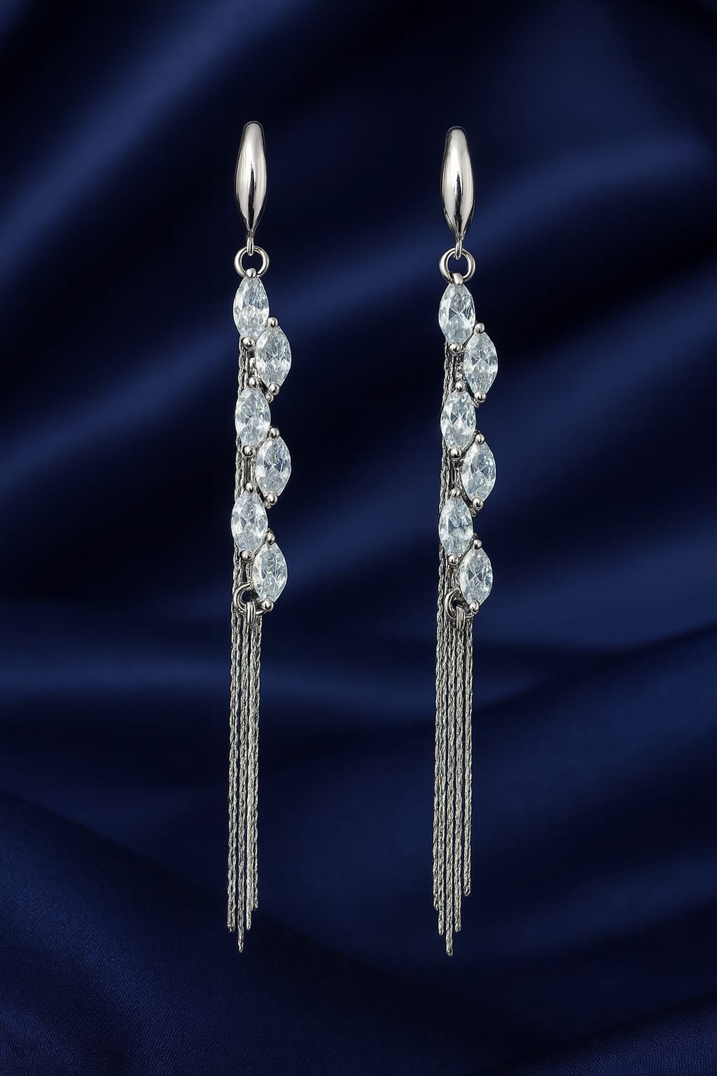 Silver Crystal Long Drop Earrings for Women | Premium Statement Danglers | Velvet Petals