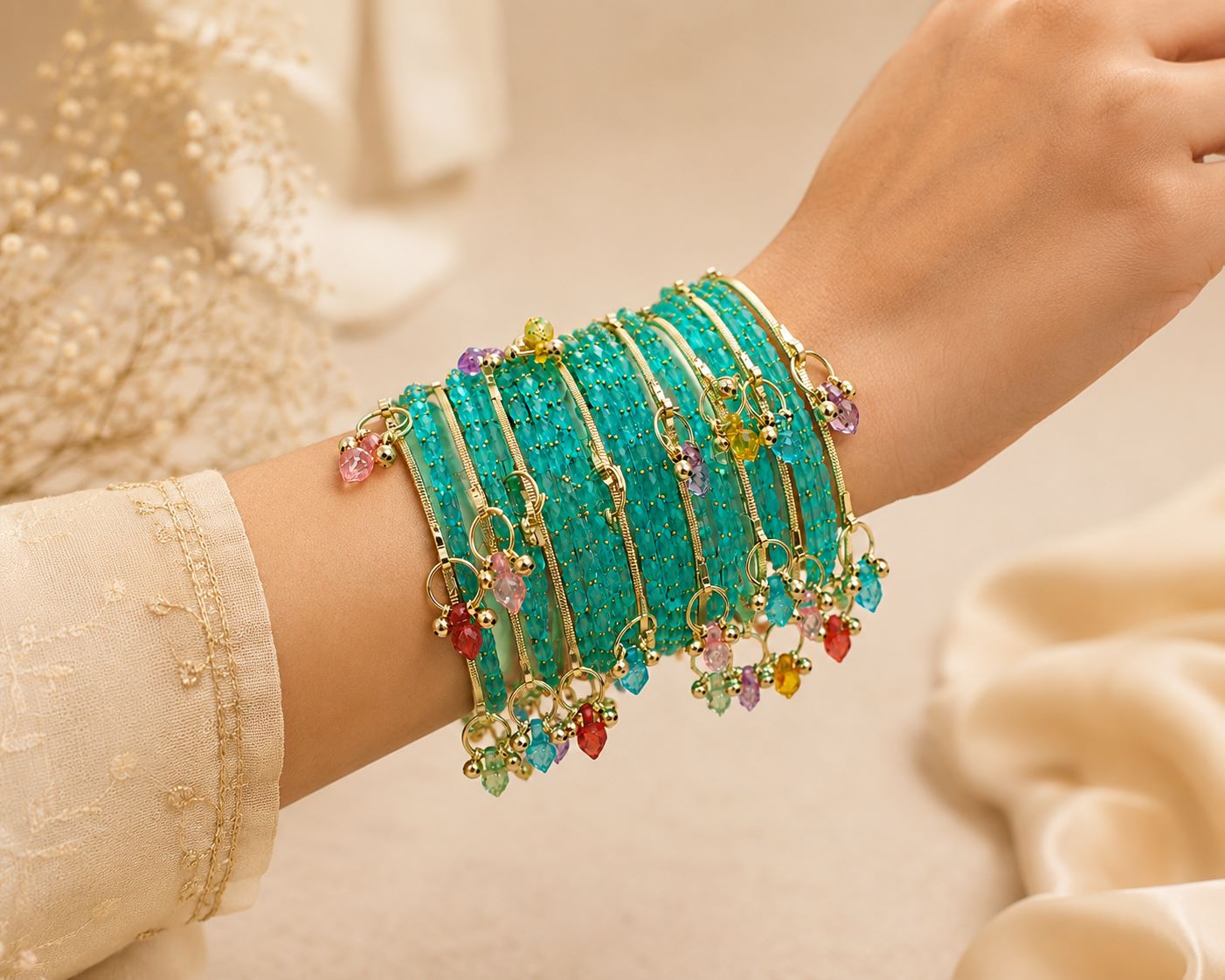 Black Kashmiri Bangle Set with Crystal Charms