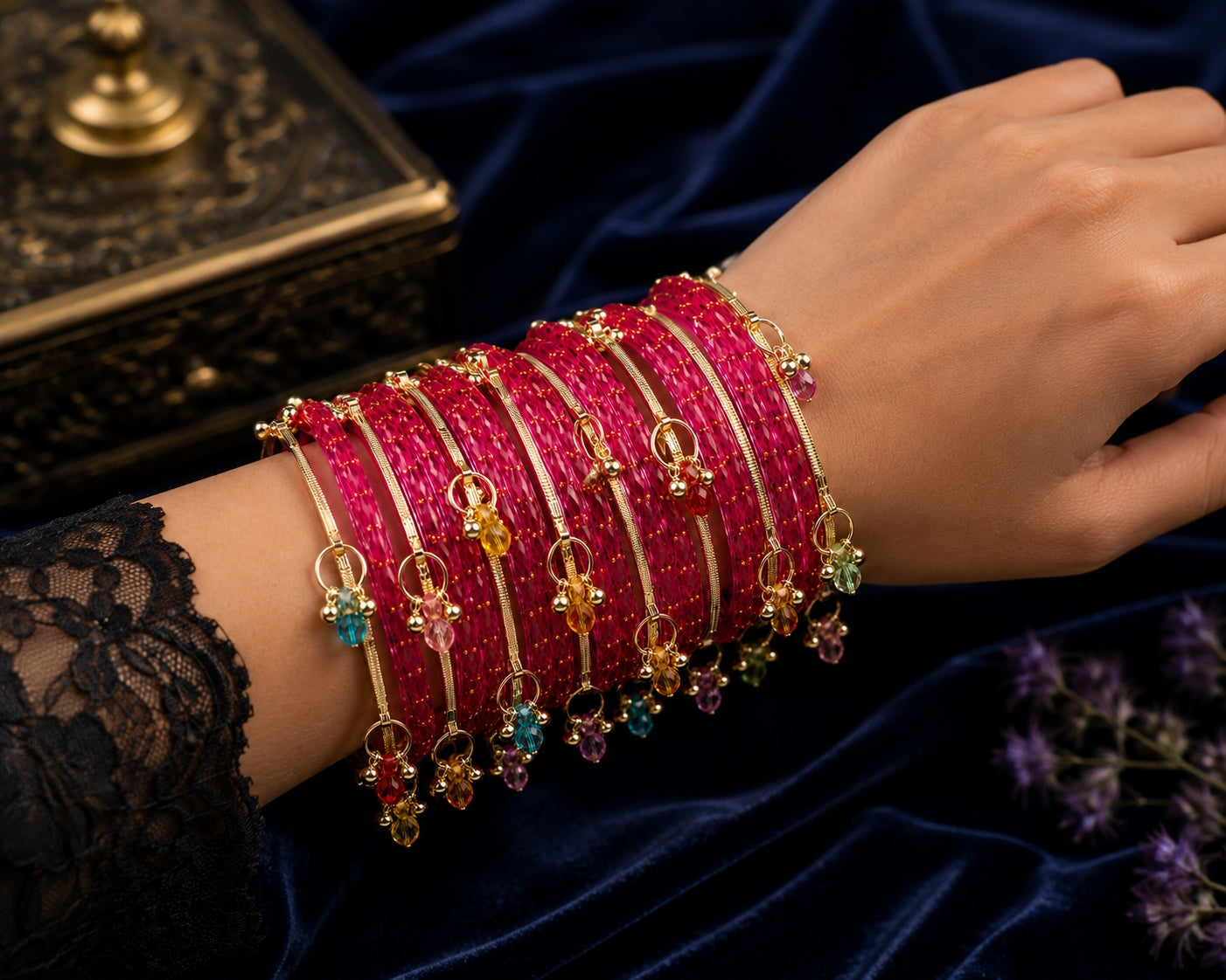 Black Kashmiri Bangle Set with Crystal Charms