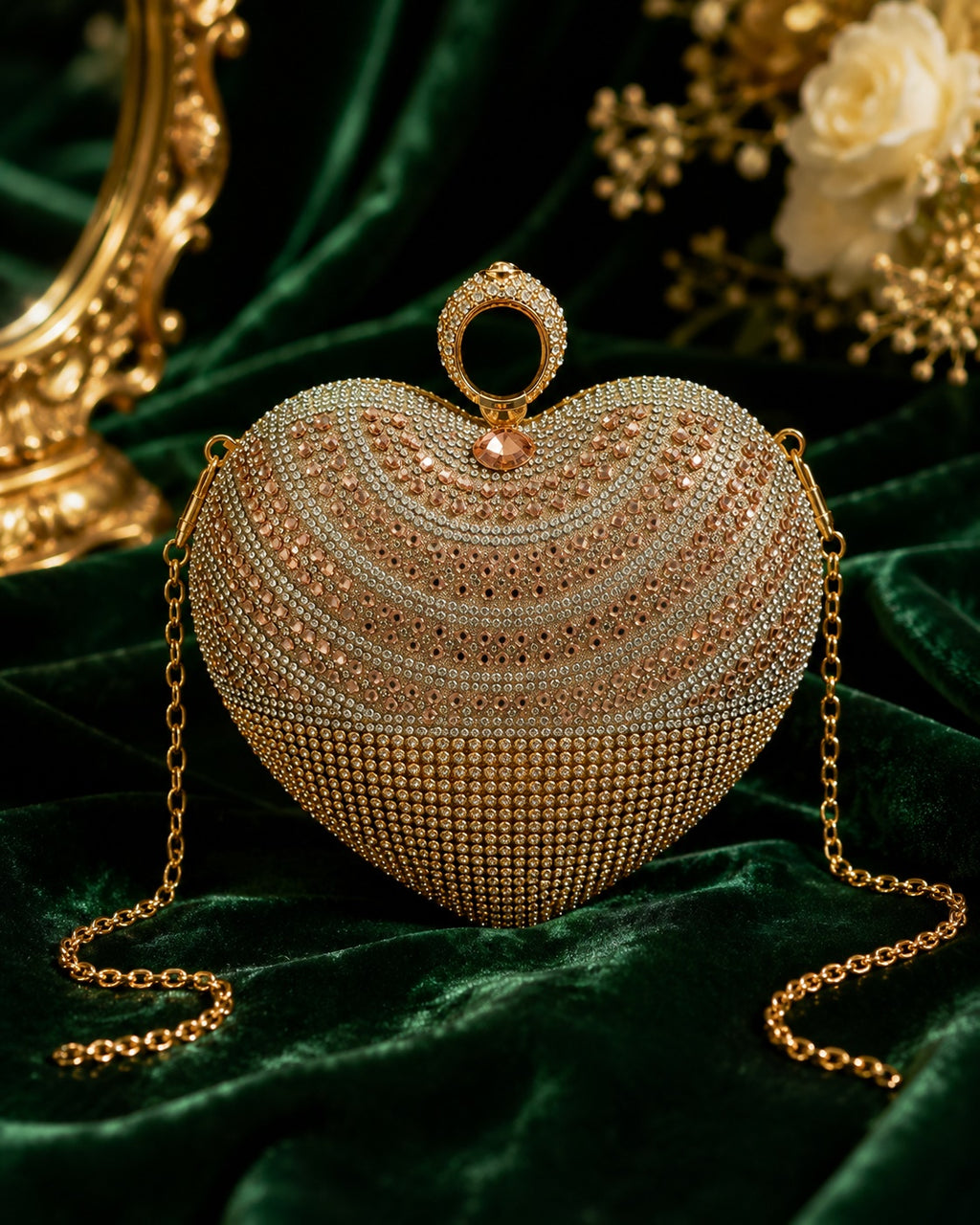 Designer rhinestone heart crossbody clutch on marble surface