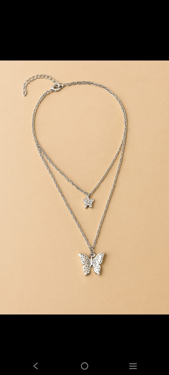 Silver Butterfly Layered Necklace for Women | Trendy Dual Chain Pendant Jewelry