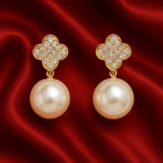Luxury Gold-Plated Pearl Drop Earrings for Women | Diamond CZ Studs