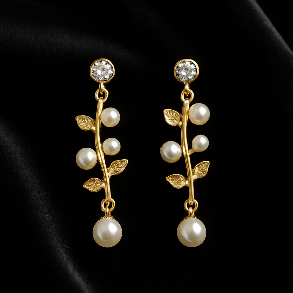 Gold Leaf Pearl Drop Earrings for Women & Girls | Elegant Branch Design Dangler Earrings | Lightweight Partywear Jewellery