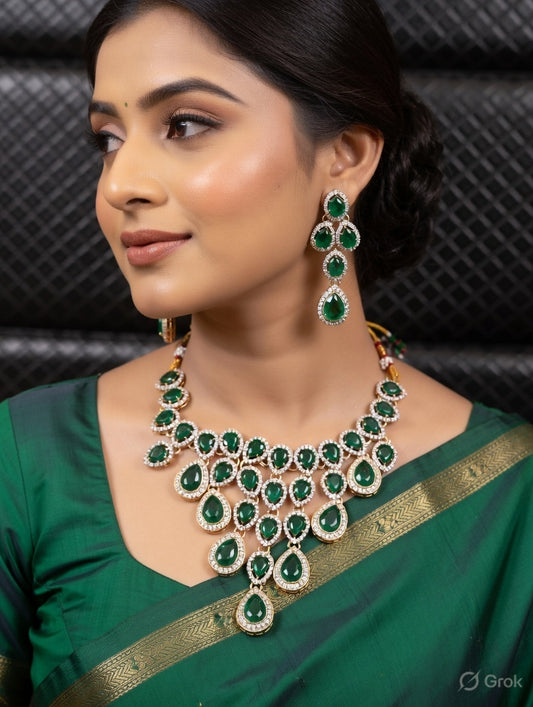 Emerald Green Bridal Necklace Set for Women | Gold Plated Statement Jewelry with Earrings & Maang TikkaEmerald Green Bridal Necklace Set for Women | Gold Plated Statement Jewelry with Earrings & Maang Tikka