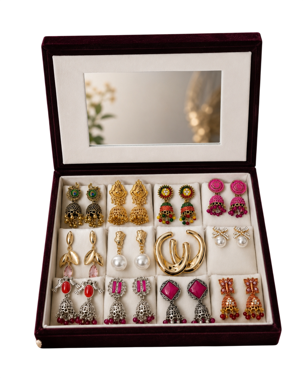 Ethnic and modern earrings combo box on white background