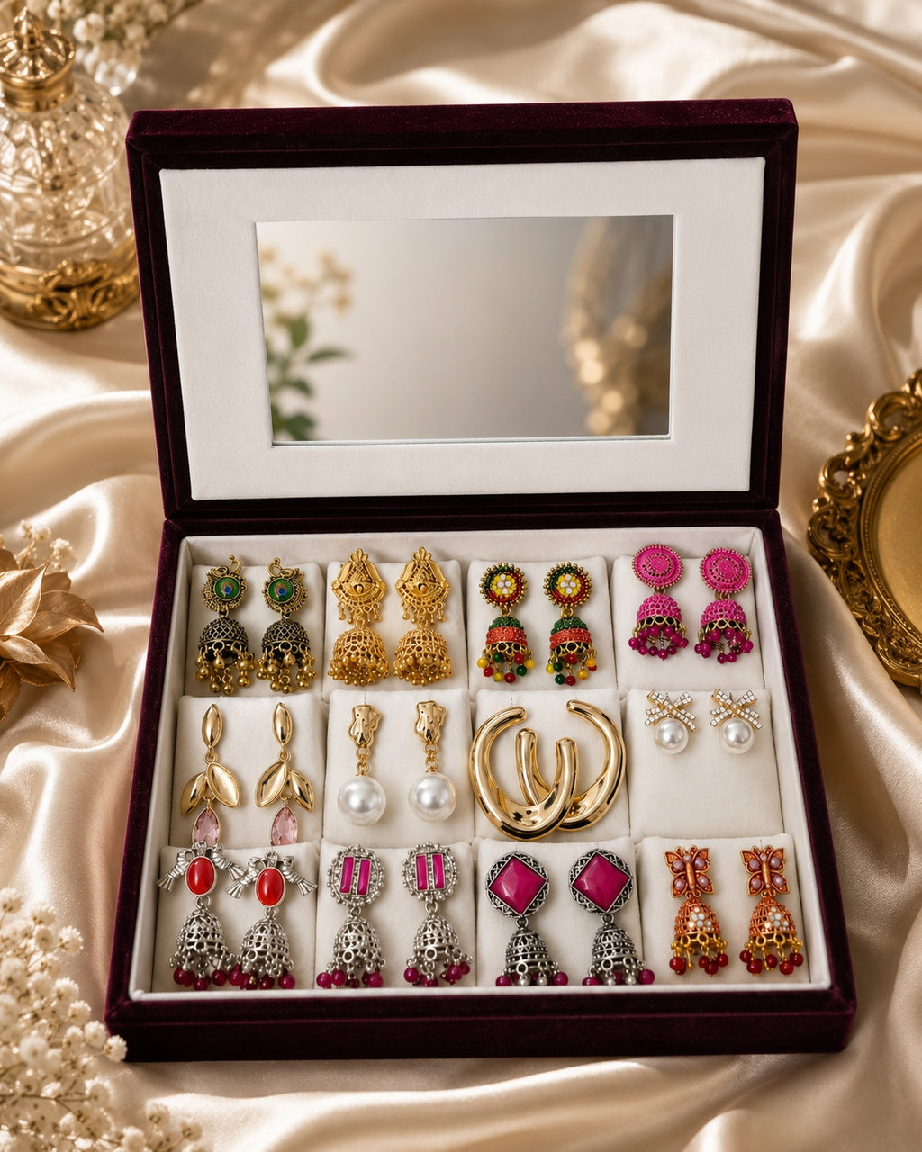 Ethnic and modern earrings combo box on silk background