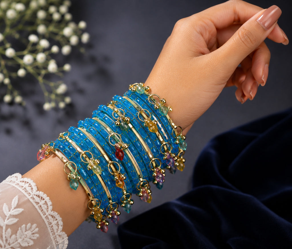 Black Kashmiri Bangle Set with Crystal Charms