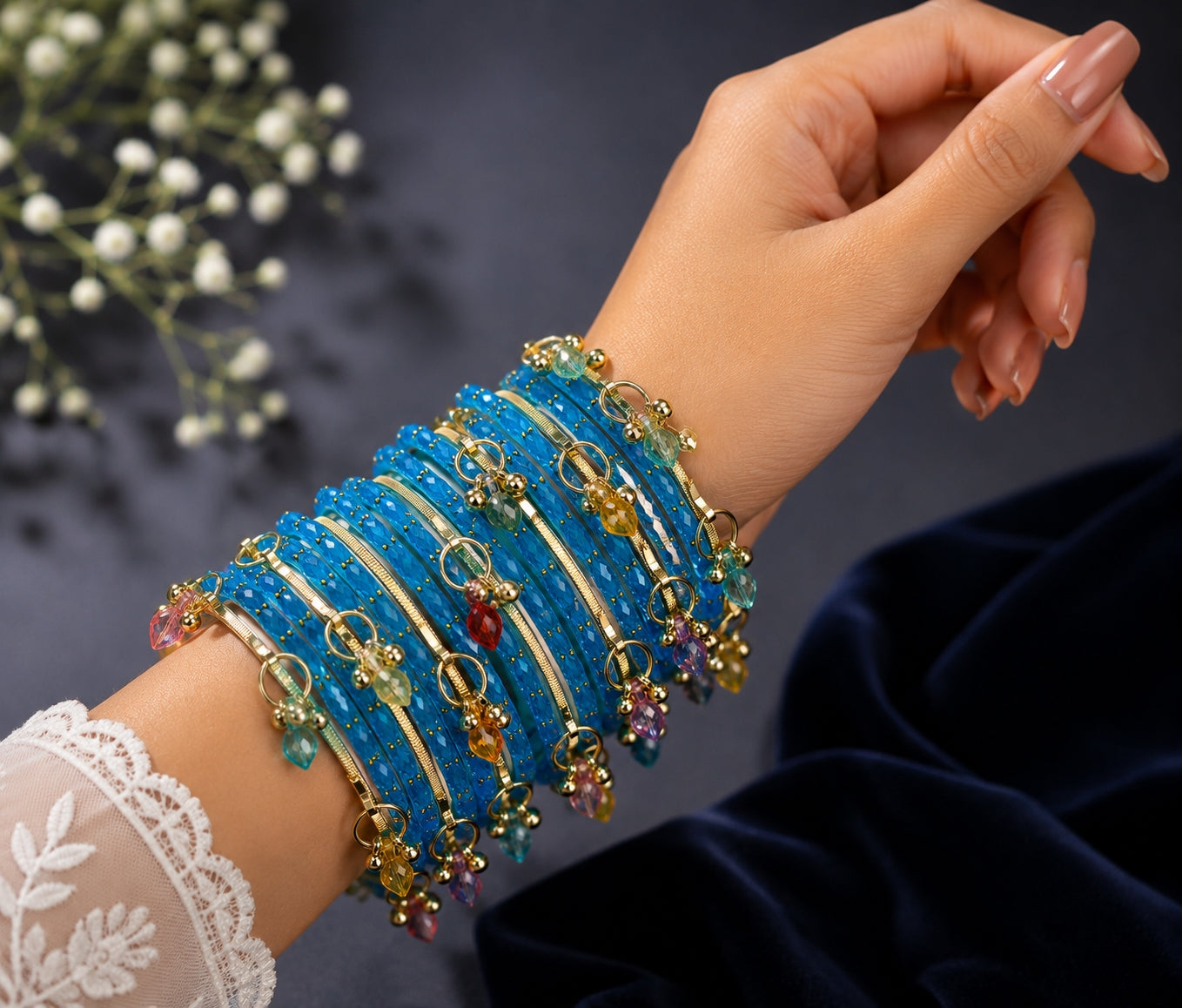 Black Kashmiri Bangle Set with Crystal Charms