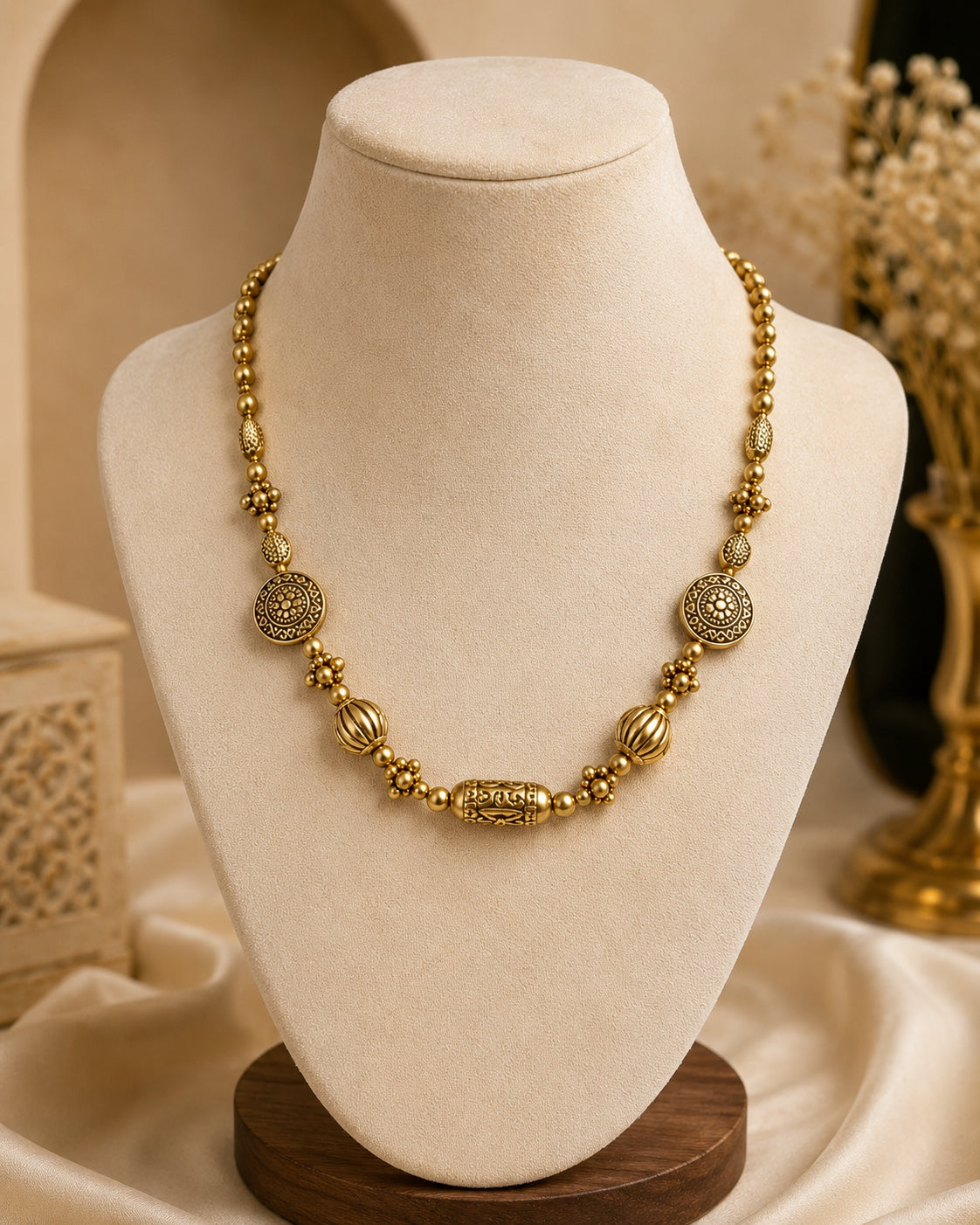 Woman wearing antique gold beaded necklace with black saree