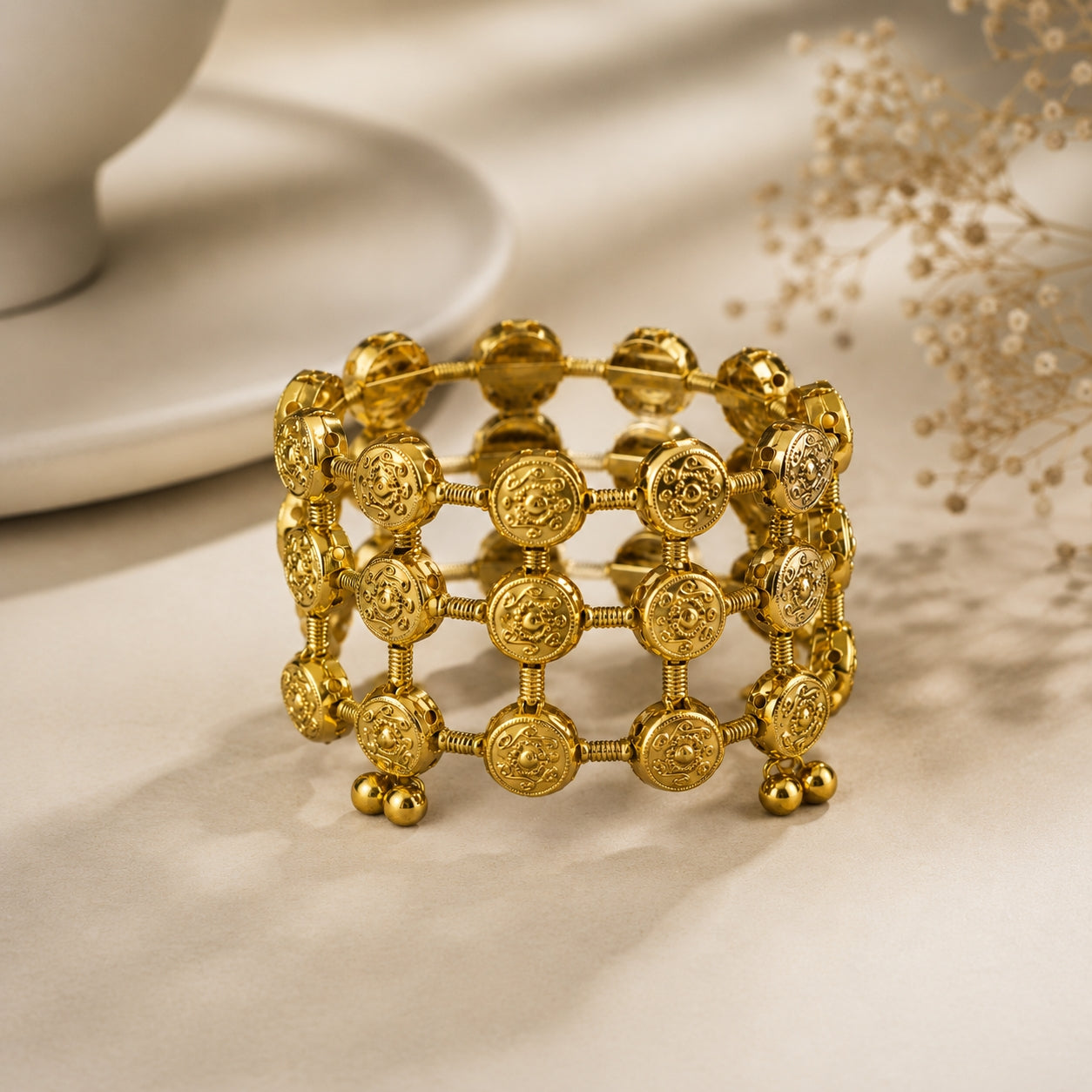 Gold coin lattice bangle on emerald green velvet background