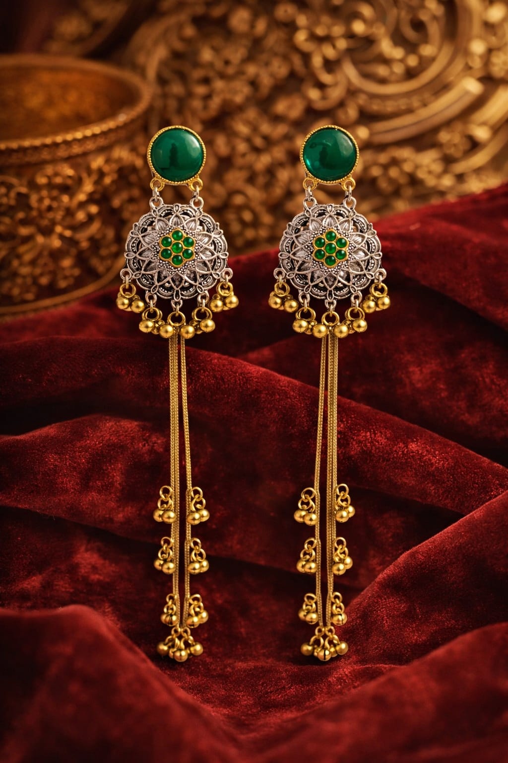 Emerald Kashmiri Long Tassel Earrings – Traditional Antique Dangler