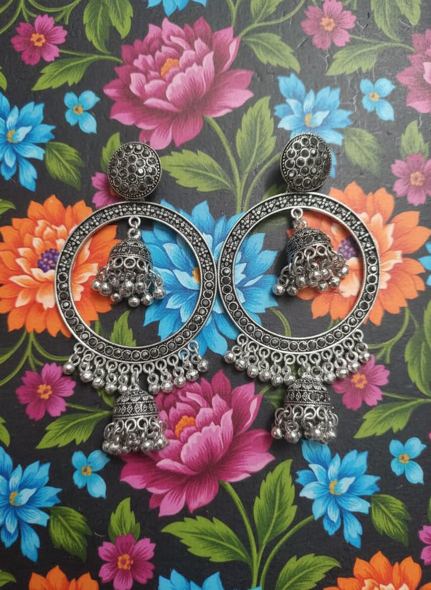 Royal Oxidized Double Jhumka Hoop Earrings – Traditional Ethnic Statement Jewelry for Women