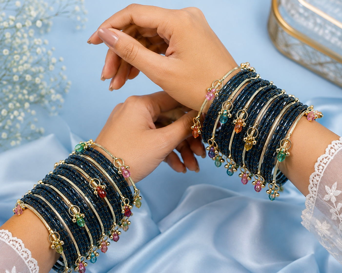 Black Kashmiri Bangle Set with Crystal Charms