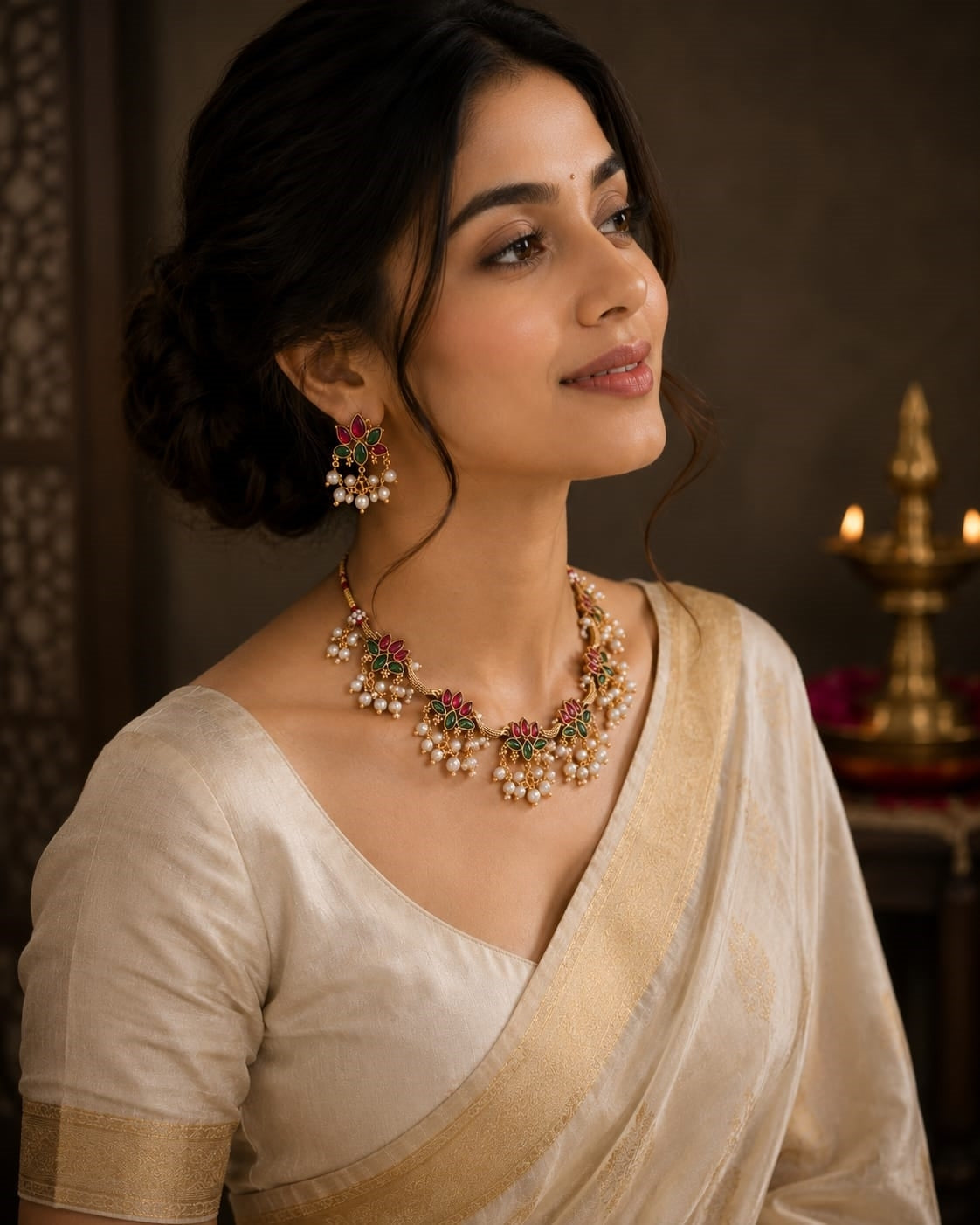 Royal Pearl & Stone Necklace Set with Earrings