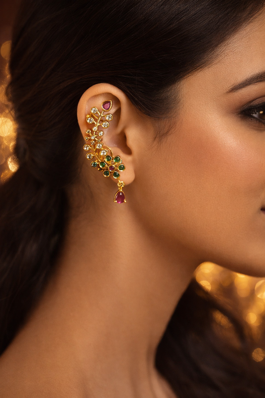 Floral Bugadi Ear Cuff Earrings for Women | Ruby Green Bridal Earcuff Jewelry