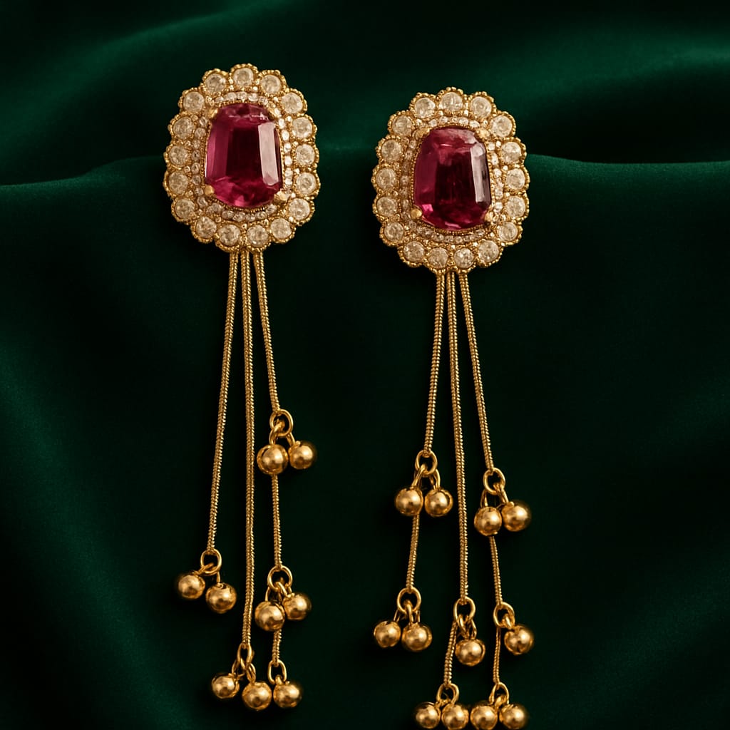 Ruby Pink Stone Gold Long Dangler Earrings for Women | Premium Kundan Look Jhumki Style | Velvet Petals