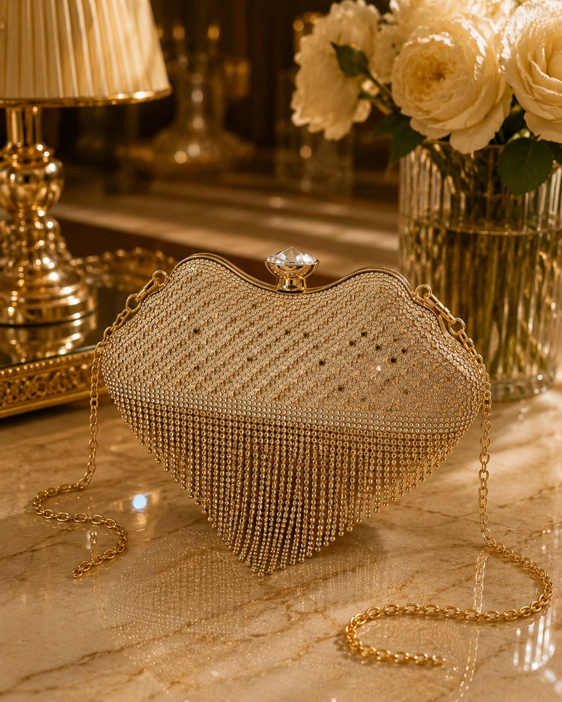 Gold cloud shaped evening purse on marble