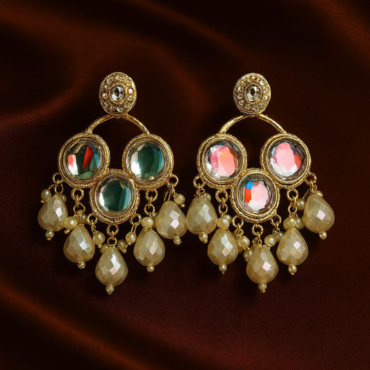 Premium Kundan Mirror & Pearl Drop Chandbali Earrings